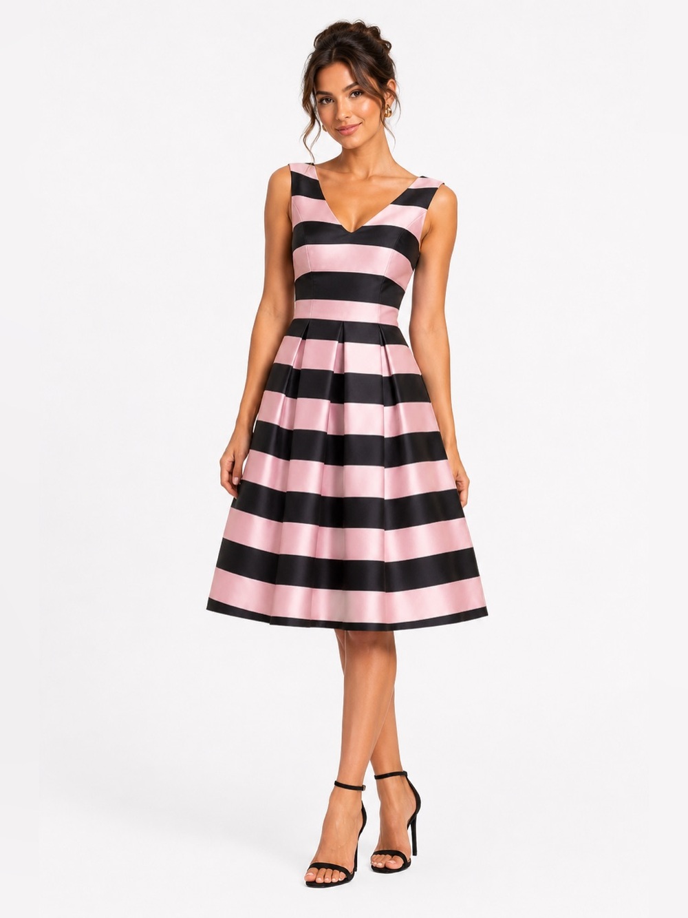 Topshop Pink and Black Striped V-Neck Fit & Flare Midi Dress CT